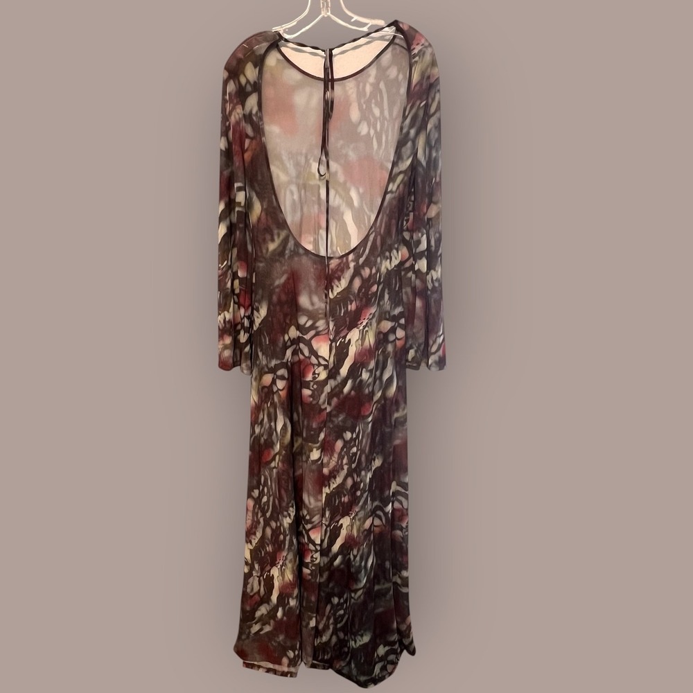 Sheer Mesh Abstract Print Maxi Dress Open Back Tie Neck Bell Sleeve Boho Y2K M/L - Picture 10 of 16